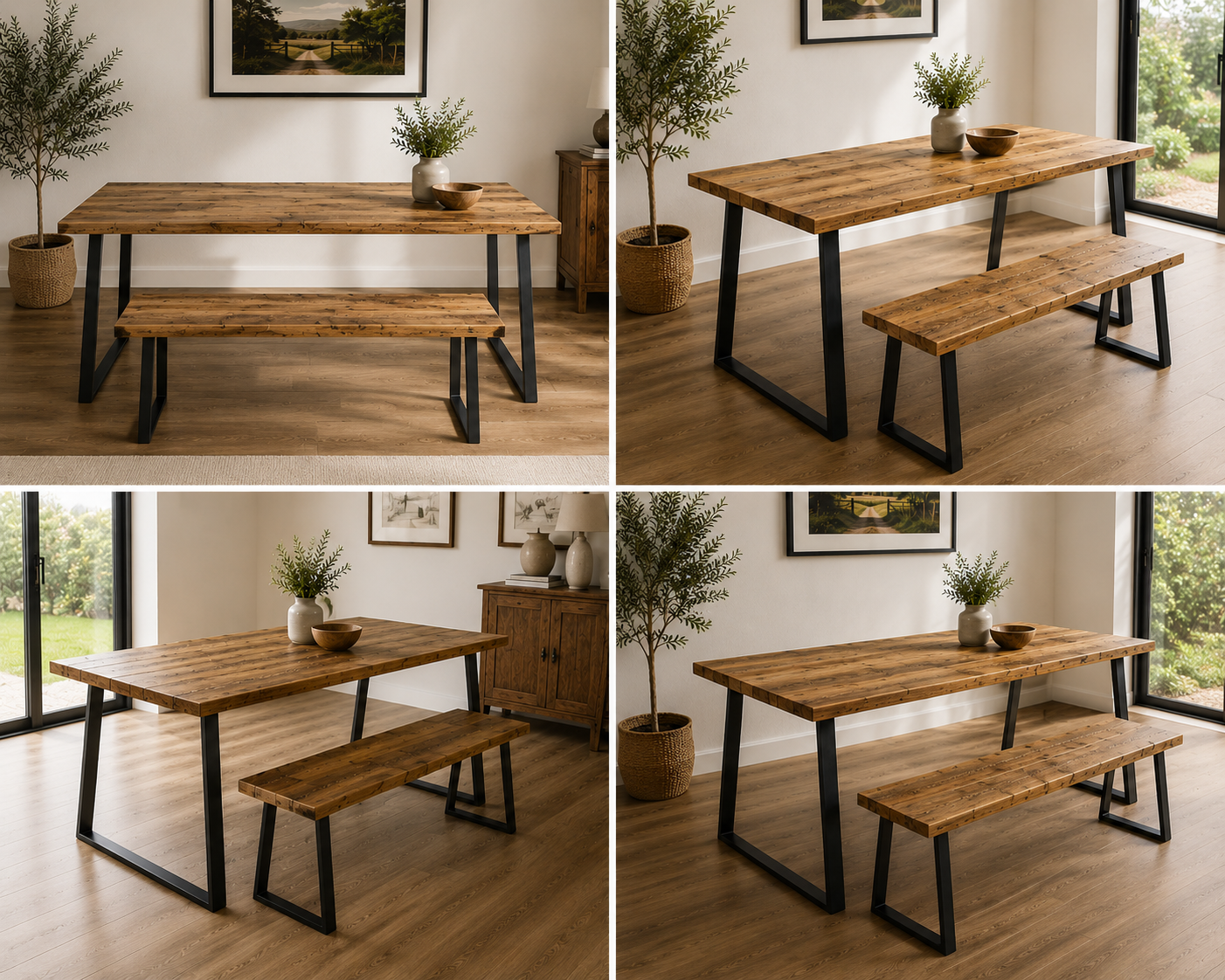 Table à manger en bois recyclé avec bancs – Fabriquée à la main pour cuisine et salle à manger