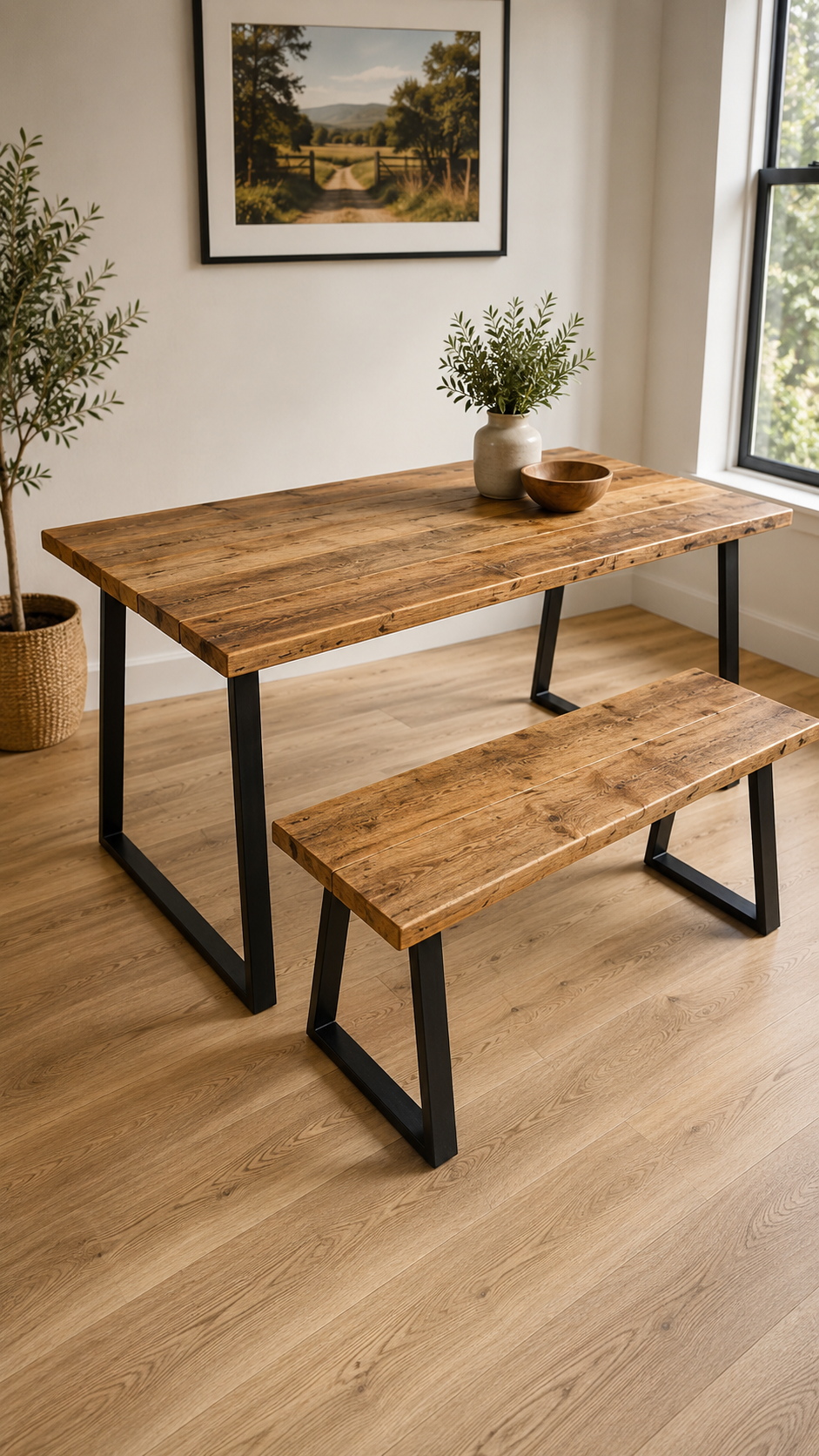 Table à manger en bois recyclé avec bancs – Fabriquée à la main pour cuisine et salle à manger