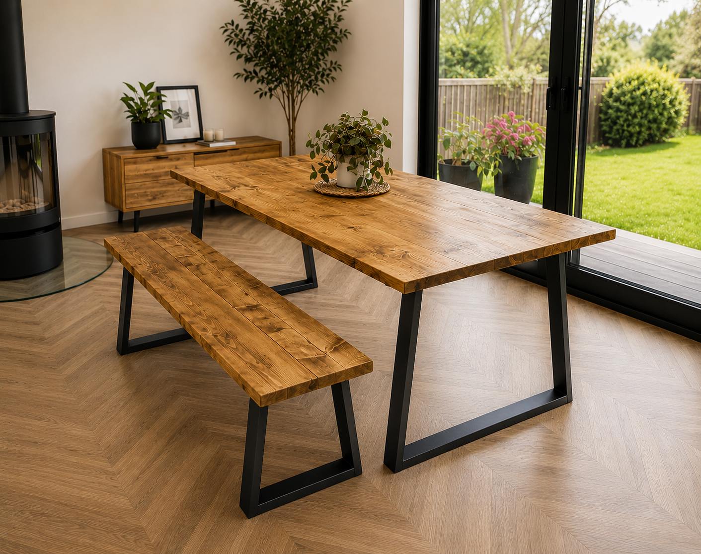 Table à manger en bois recyclé avec bancs – Fabriquée à la main pour cuisine et salle à manger