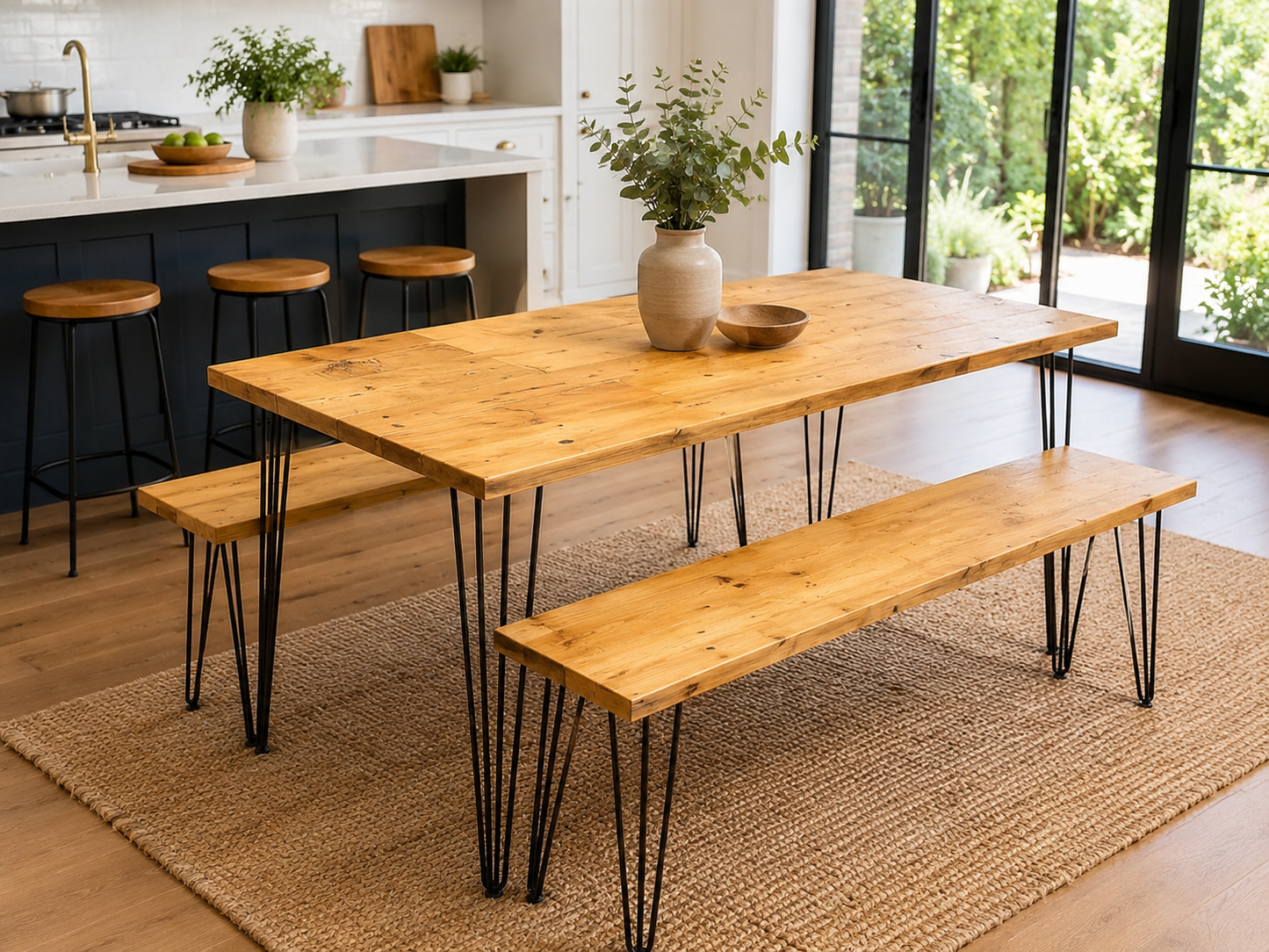 Table à manger en bois recyclé avec bancs – Fabriquée à la main pour cuisine et salle à manger