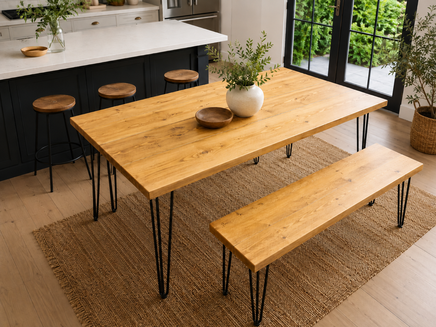 Table à manger en bois recyclé avec bancs – Fabriquée à la main pour cuisine et salle à manger