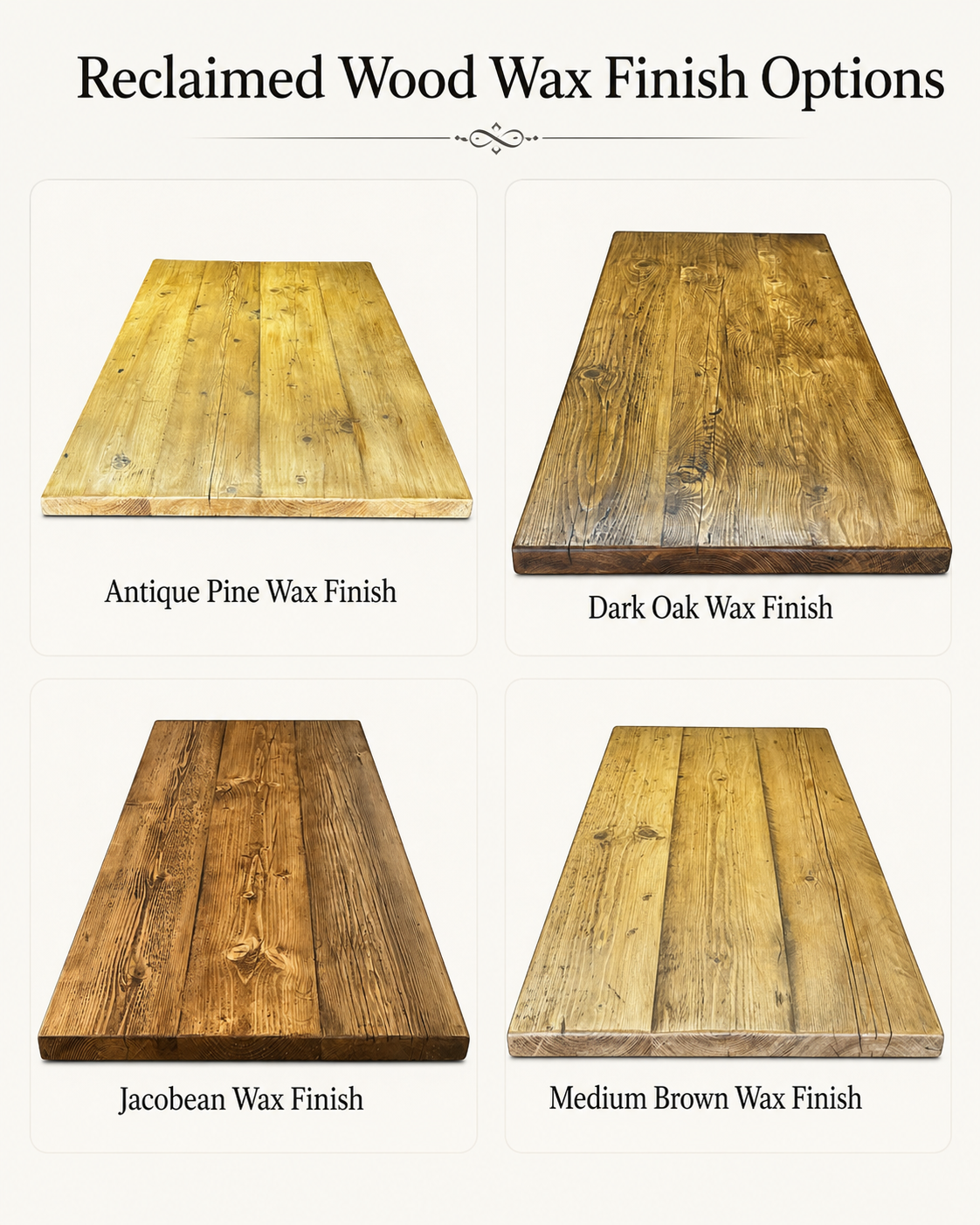 Reclaimed wood wax finish options - Antique Pine, Dark Oak, Jacobean, Medium Brown