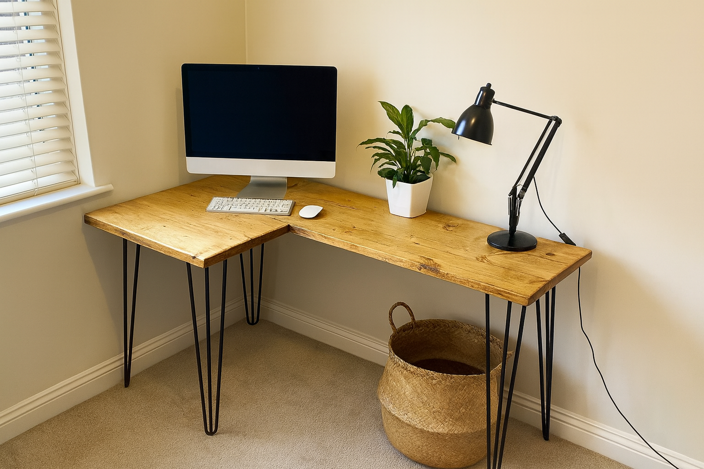 Reclaimed Wood Corner Desk – Handmade L-Shaped Home Office Desk with Hairpin Legs