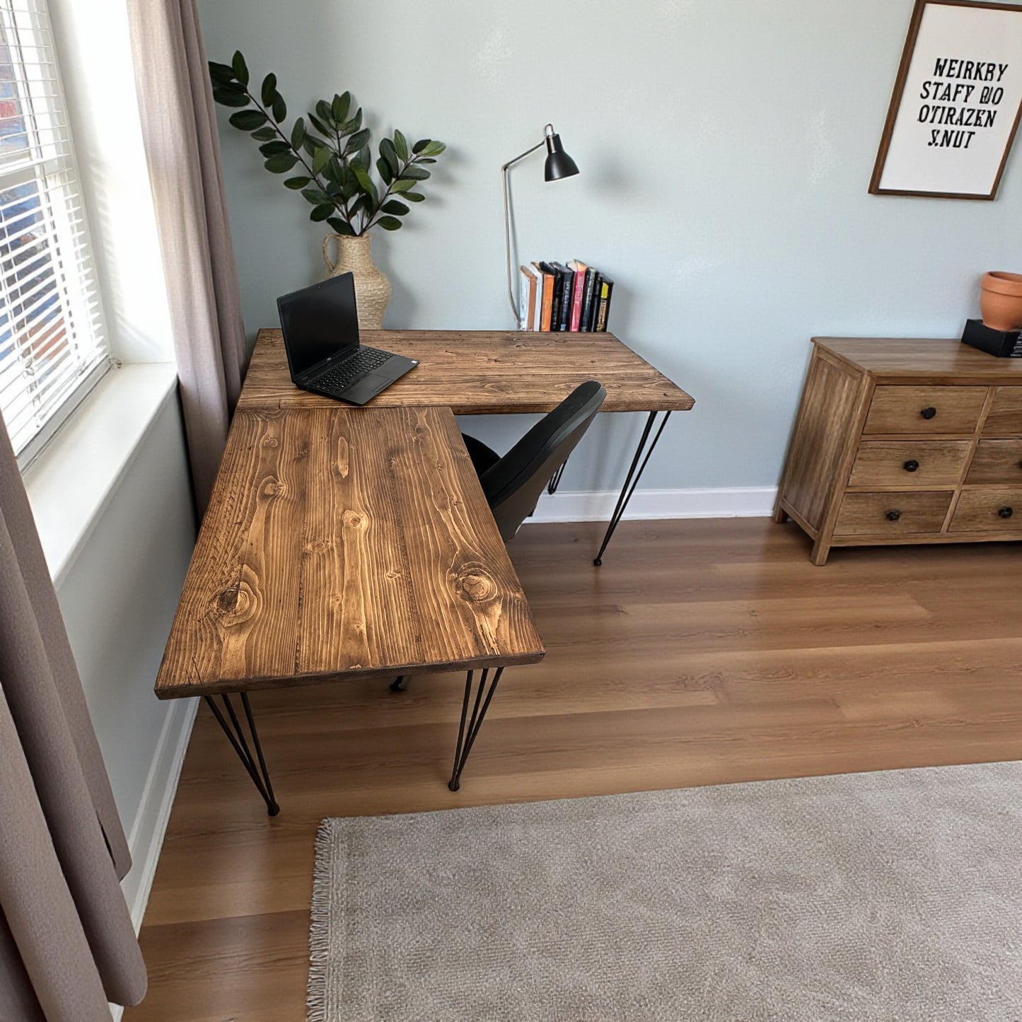 Reclaimed Wood Corner Desk – Handmade L-Shaped Home Office Desk with Hairpin Legs