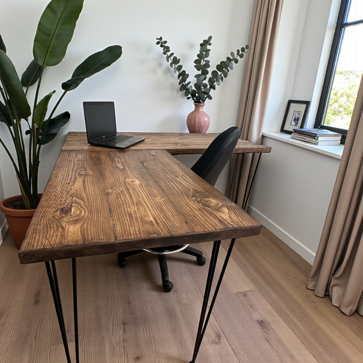 Reclaimed Wood Corner Desk – Handmade L-Shaped Home Office Desk with Hairpin Legs