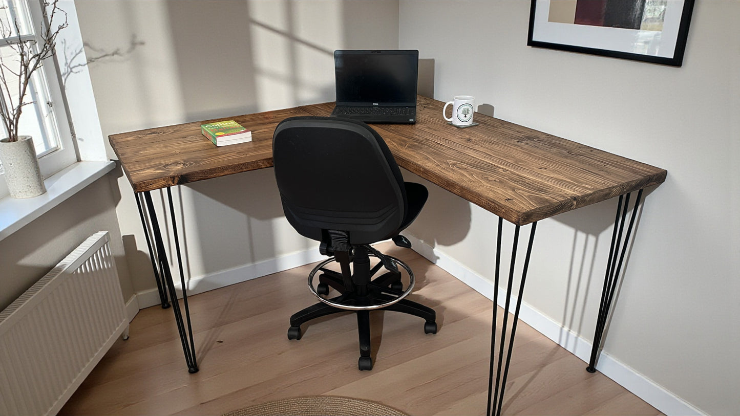 Reclaimed Wood Corner Desk – Handmade L-Shaped Home Office Desk with Hairpin Legs