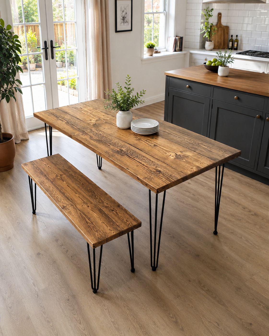 Table à manger en bois recyclé avec bancs – Fabriquée à la main pour cuisine et salle à manger