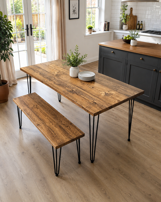 Table à manger en bois recyclé avec bancs – Fabriquée à la main pour cuisine et salle à manger
