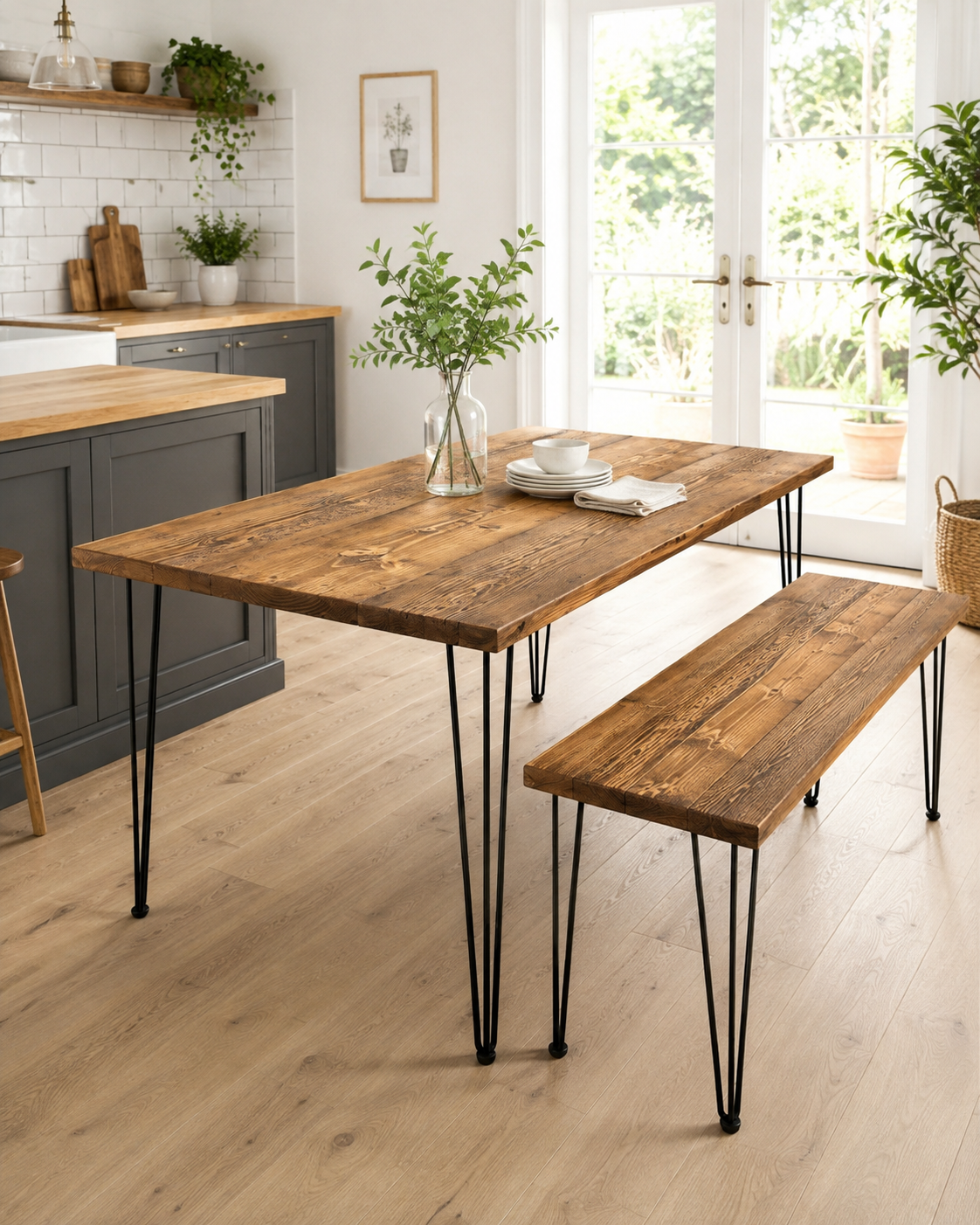Table à manger en bois recyclé avec bancs – Fabriquée à la main pour cuisine et salle à manger