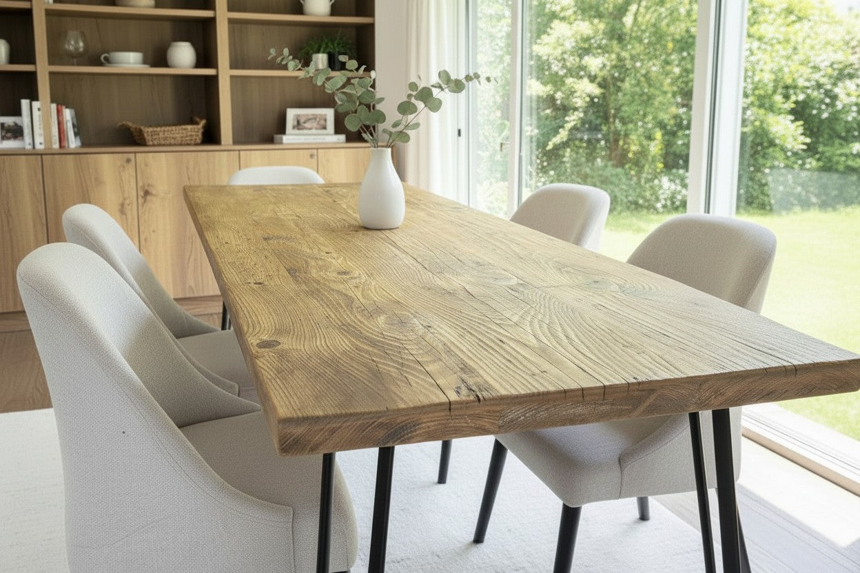 Plateau de Table en Bois de Récupération Fait Main | Dimensions Personnalisées | Surface en Bois Massif Style Rustique Industriel | Fabriqué au Royaume-Uni