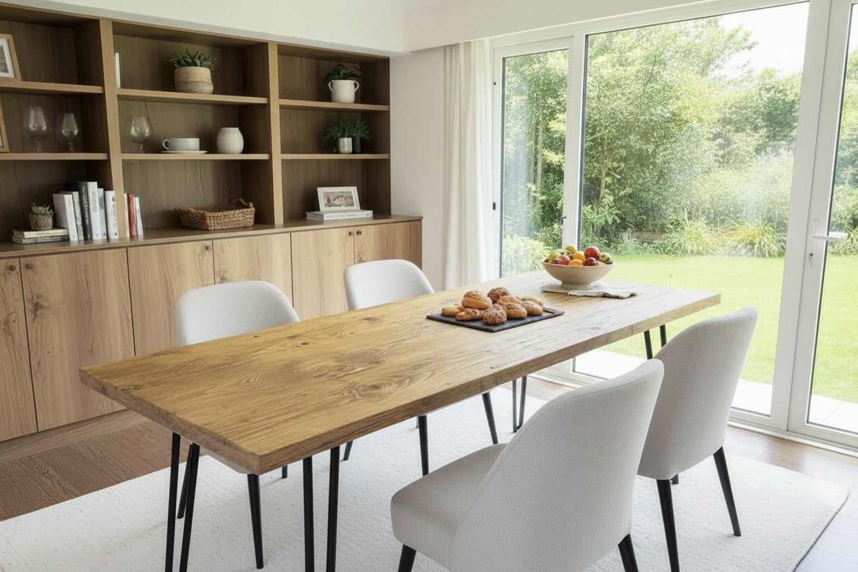 Modern dining area with wooden table and white chairs near a large window with a view of greenery.