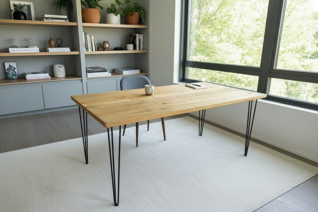 Wooden table with black hairpin legs in a room with large windows and shelves.