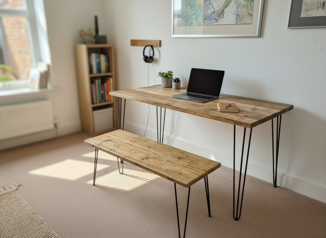 Table à manger en bois recyclé avec bancs – Fabriquée à la main pour cuisine et salle à manger