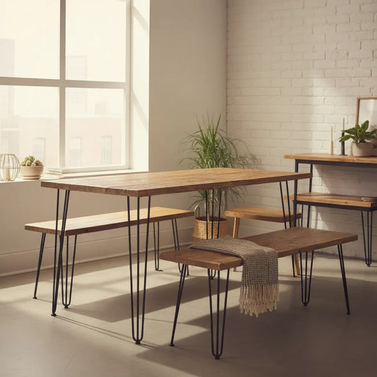 Table à manger en bois recyclé avec bancs – Fabriquée à la main pour cuisine et salle à manger
