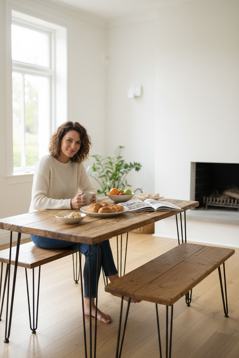 Industrial Reclaimed Wood Dining Table Set | Optional Benches | UK