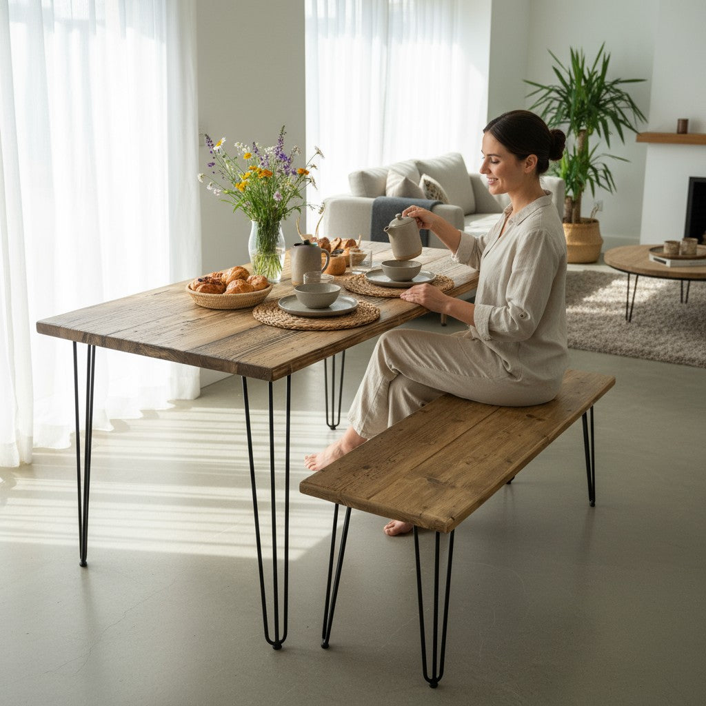 Industrial Reclaimed Wood Dining Table Set | Optional Benches | UK