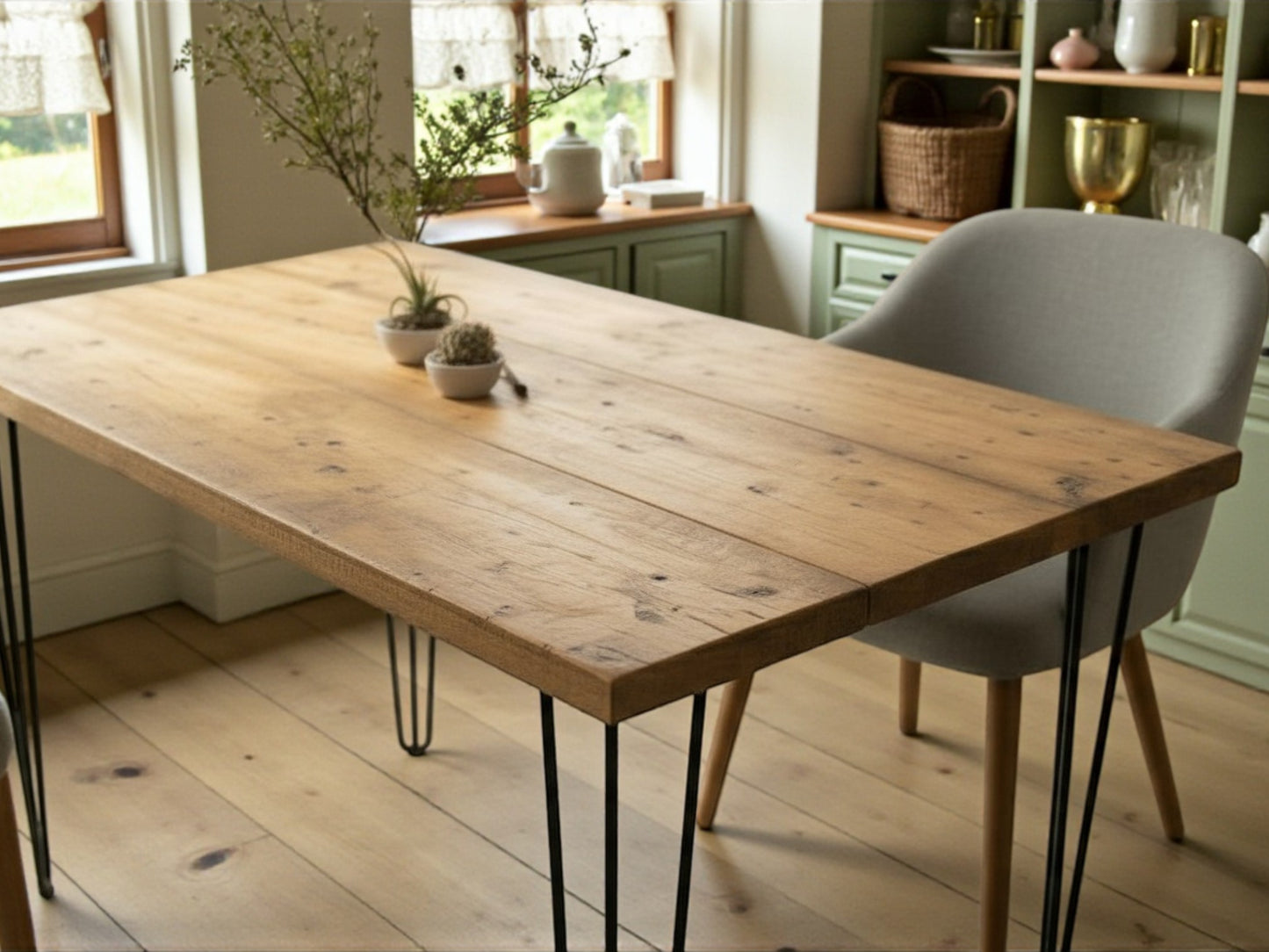 Wooden dining table with black hairpin legs in a room with a window and shelves.