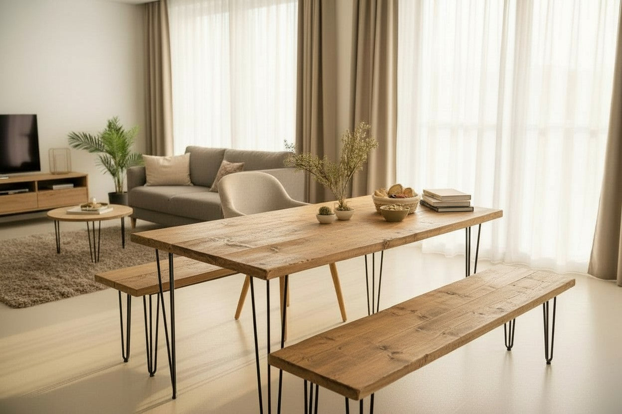 Reclaimed Wood Dining Table UK - Farmhouse Kitchen Table with Hairpin Legs | Custom Sizes