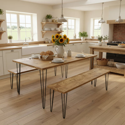 Reclaimed Wood Dining Table UK - Farmhouse Kitchen Table with Hairpin Legs | Extendable & Custom Sizes