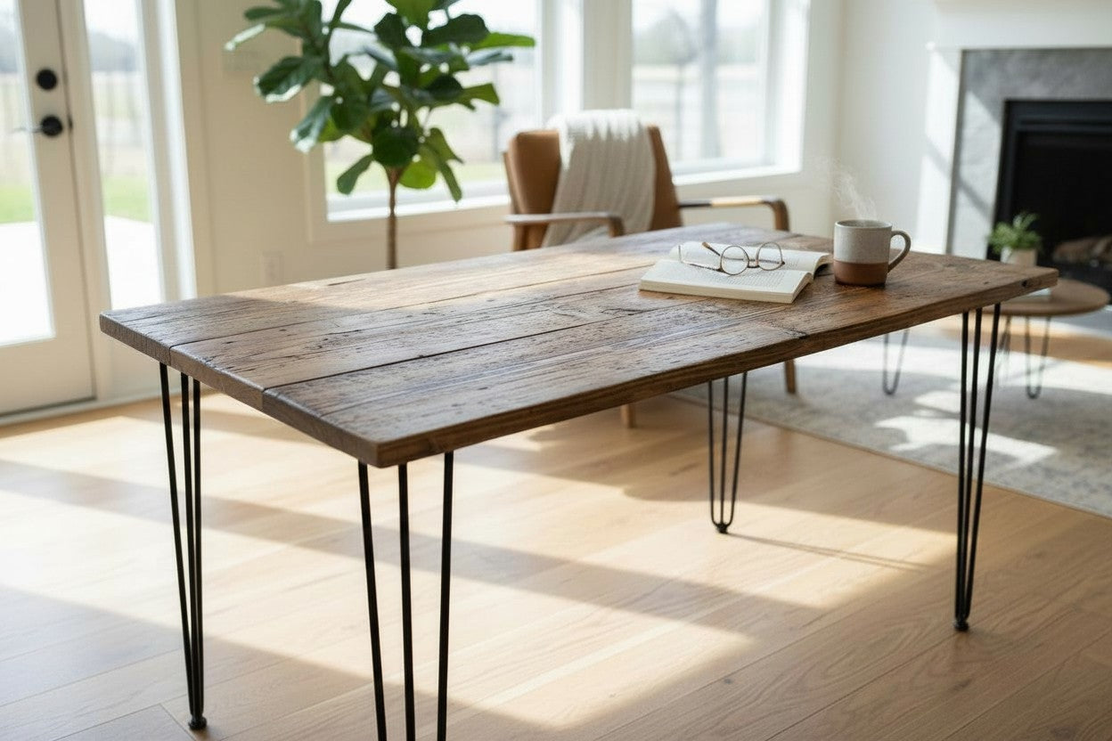 Plateau de Table en Bois de Récupération Fait Main | Dimensions Personnalisées | Surface en Bois Massif Style Rustique Industriel | Fabriqué au Royaume-Uni