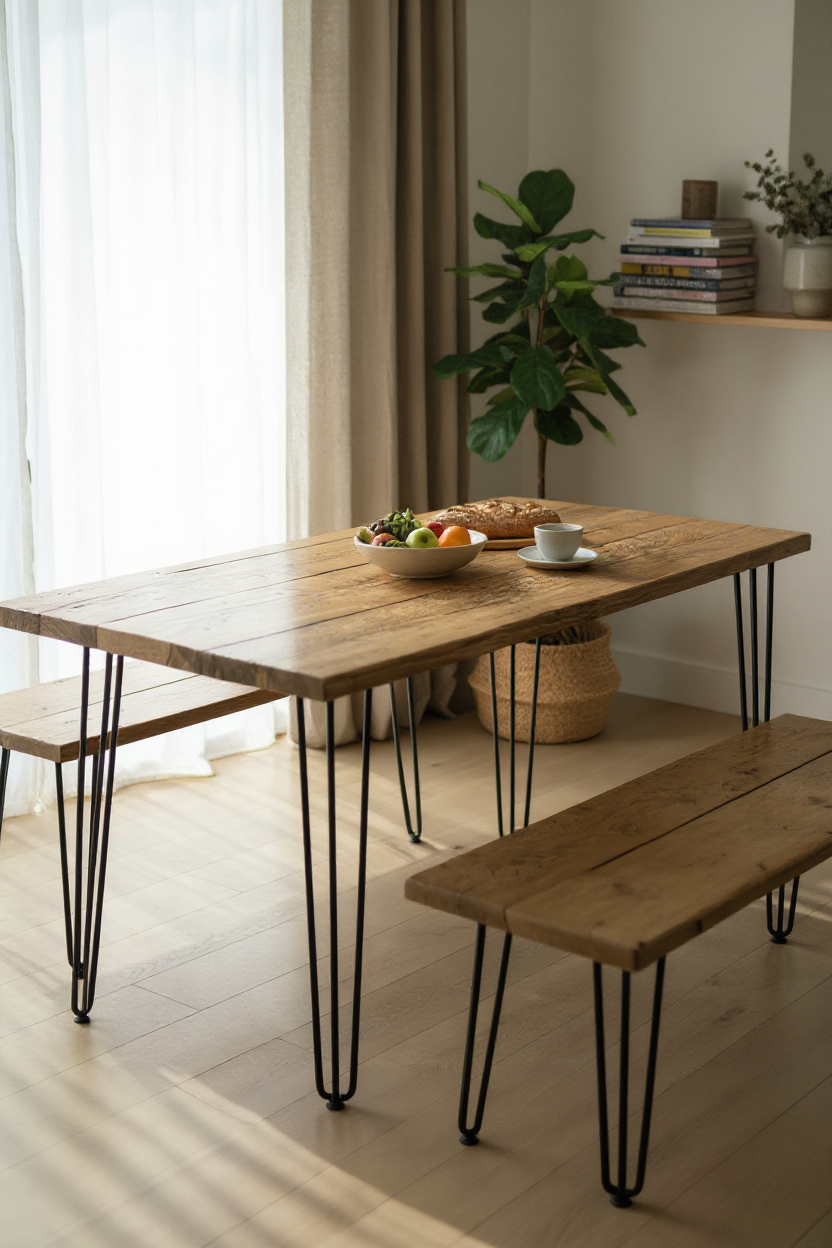 Reclaimed Wood Dining Table UK - Farmhouse Kitchen Table with Hairpin Legs | Custom Sizes