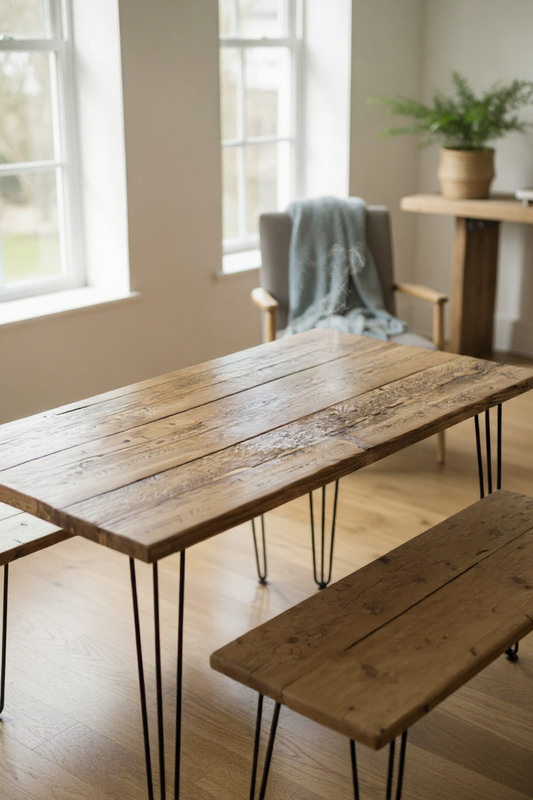 Table à manger en bois recyclé avec bancs – Fabriquée à la main pour cuisine et salle à manger
