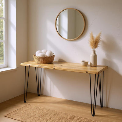 Rustic reclaimed wood console table with black hairpin legs in minimalist hallway, handmade sustainable furniture for entryway decor