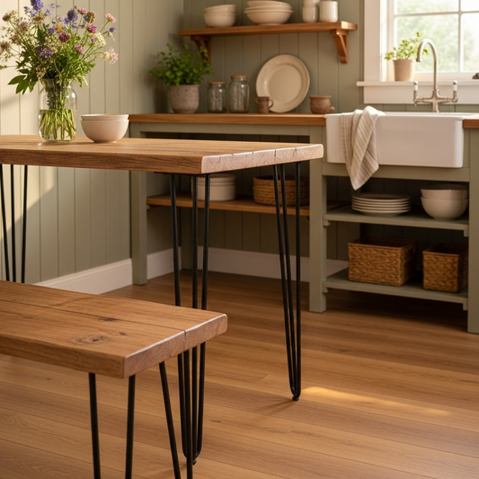 Table à manger en bois recyclé avec bancs – Fabriquée à la main pour cuisine et salle à manger