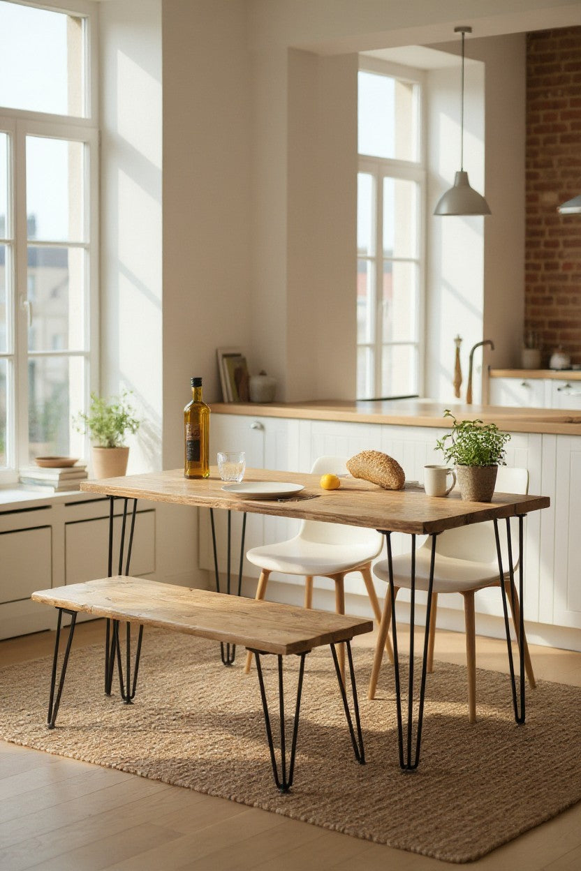 Reclaimed Wood Dining Table UK - Farmhouse Kitchen Table with Hairpin Legs | Custom Sizes