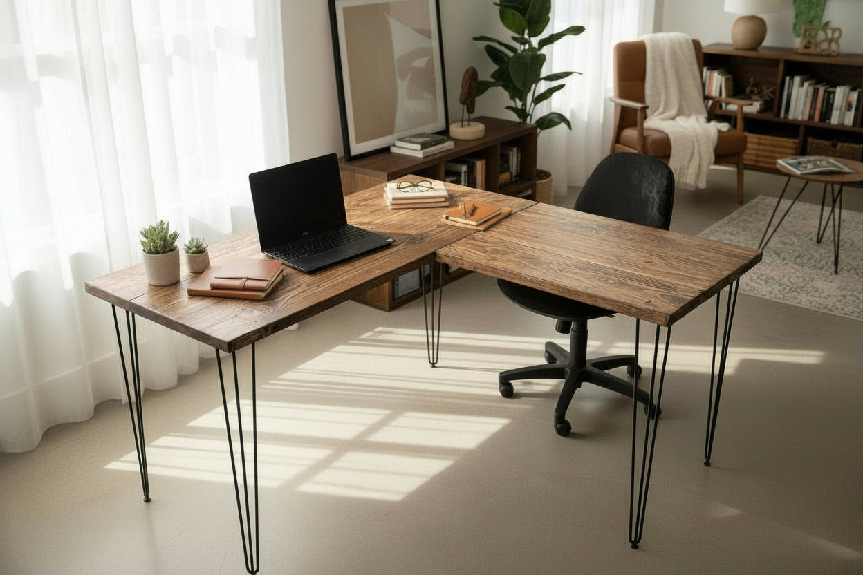 Reclaimed Wood Corner Desk – Handmade L-Shaped Home Office Desk with Hairpin Legs
