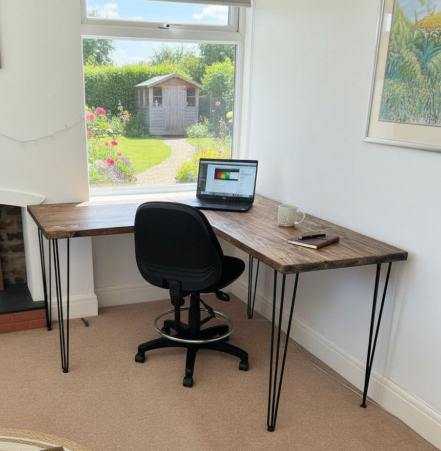 Reclaimed Wood Corner Desk – Handmade L-Shaped Home Office Desk with Hairpin Legs
