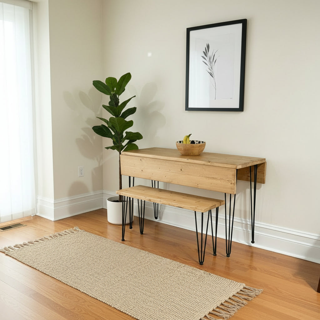 Handmade to Order Reclaimed Wood Drop Leaf Dining Table with Hairpin Legs