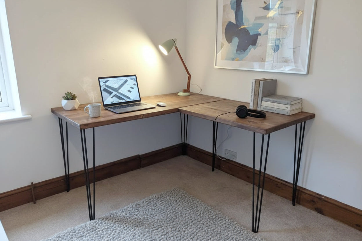 Reclaimed Wood Corner Desk – Handmade L-Shaped Home Office Desk with Hairpin Legs
