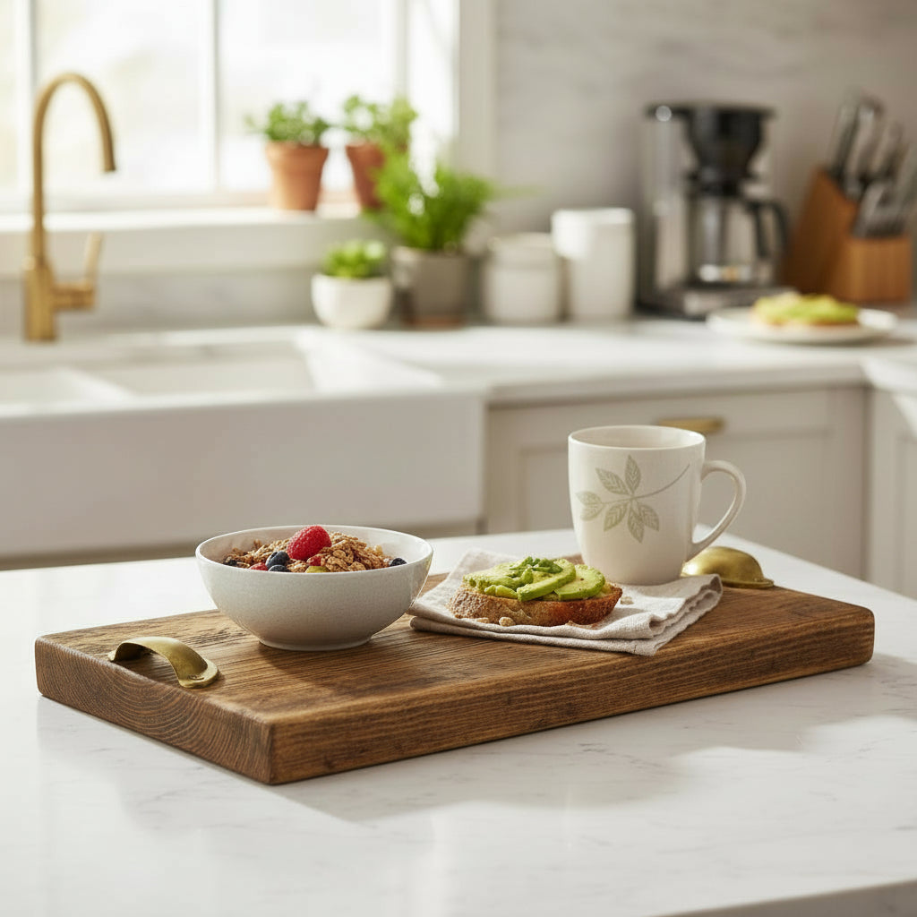 Reclaimed Wood Charcuterie Board with Solid Brass Handles – Handcrafted Serving Board