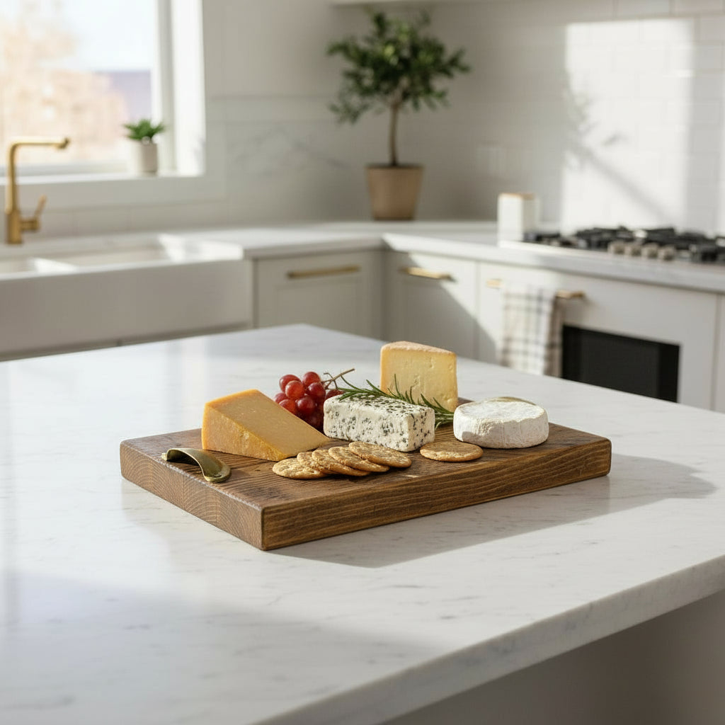 Reclaimed Wood Charcuterie Board with Solid Brass Handles – Handcrafted Serving Board