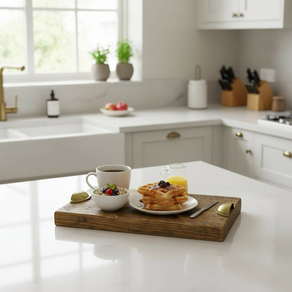 Reclaimed Wood Charcuterie Board with Solid Brass Handles – Handcrafted Serving Board