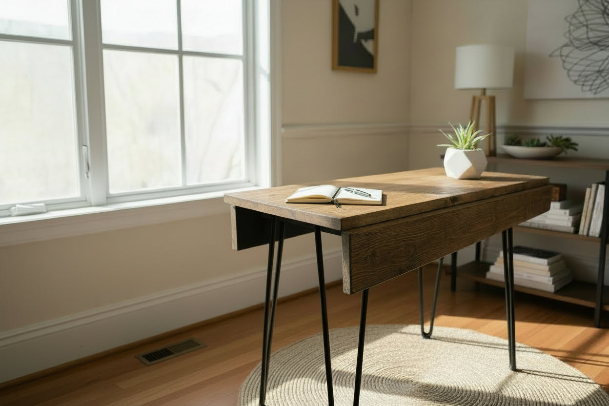 Handmade to Order Reclaimed Wood Drop Leaf Dining Table with Hairpin Legs