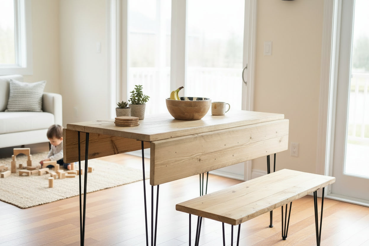 Handmade to Order Reclaimed Wood Drop Leaf Dining Table with Hairpin Legs
