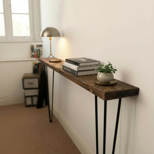 Reclaimed Wood Slimline Console Table UK - Rustic Hallway Table with Hairpin Legs, Custom Sizes, Free Delivery