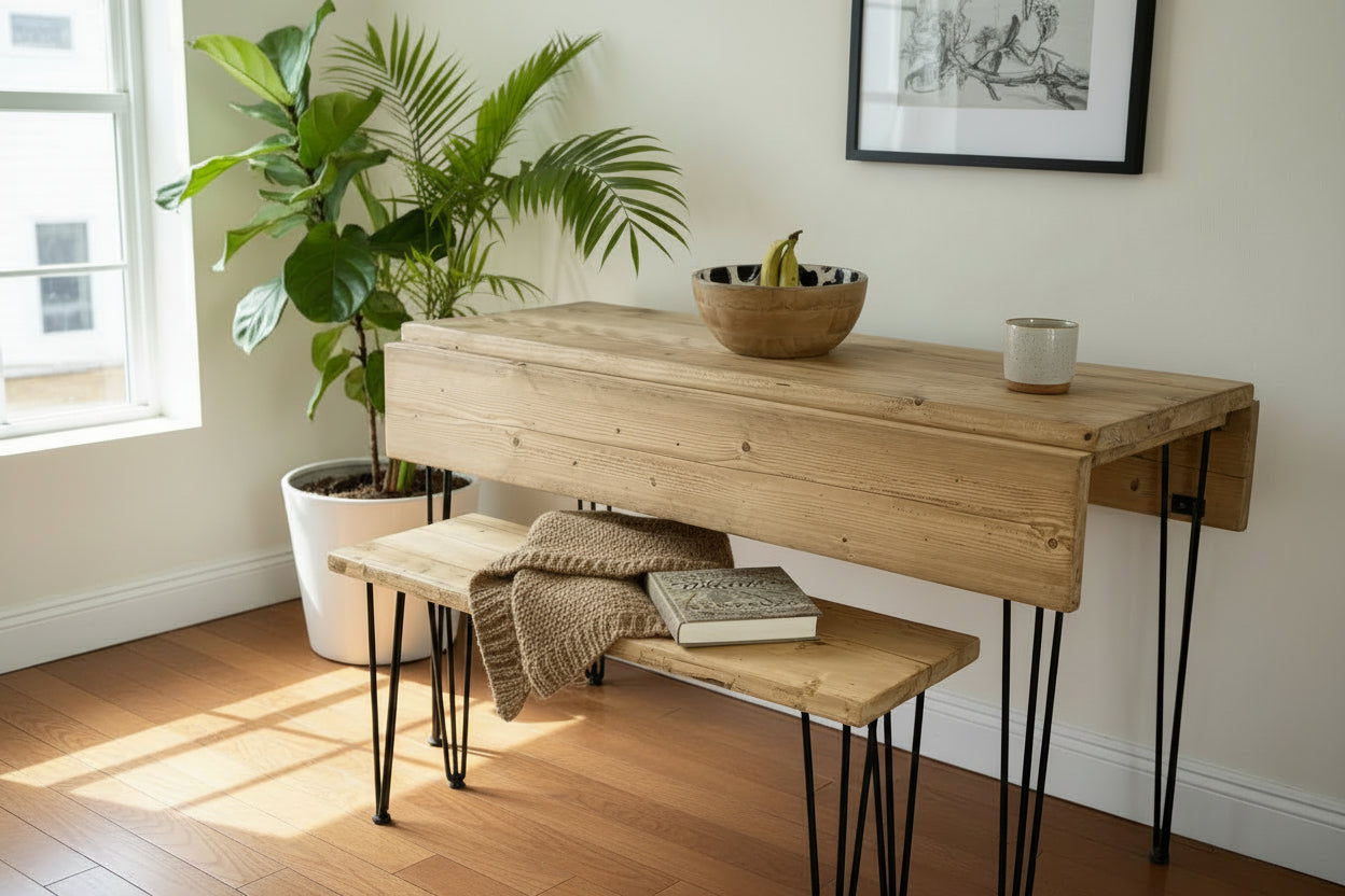 Handmade to Order Reclaimed Wood Drop Leaf Dining Table with Hairpin Legs