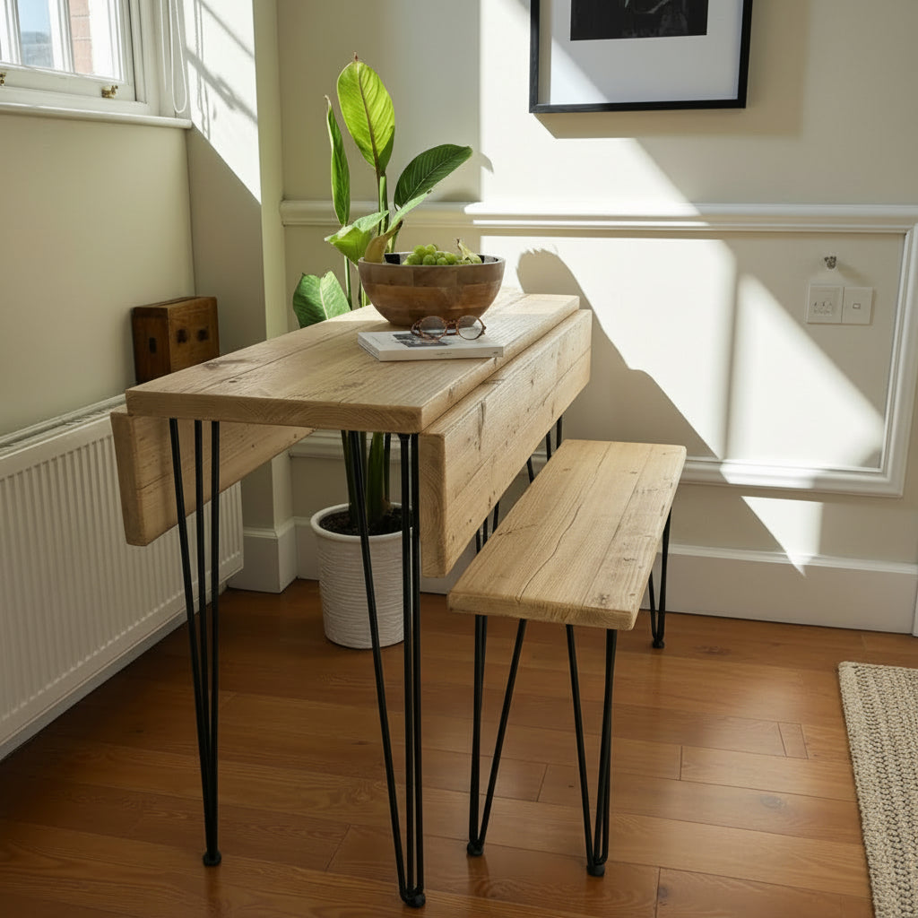 Handmade to Order Reclaimed Wood Drop Leaf Dining Table with Hairpin Legs