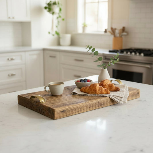 Reclaimed Wood Charcuterie Board with Solid Brass Handles – Handcrafted Serving Board