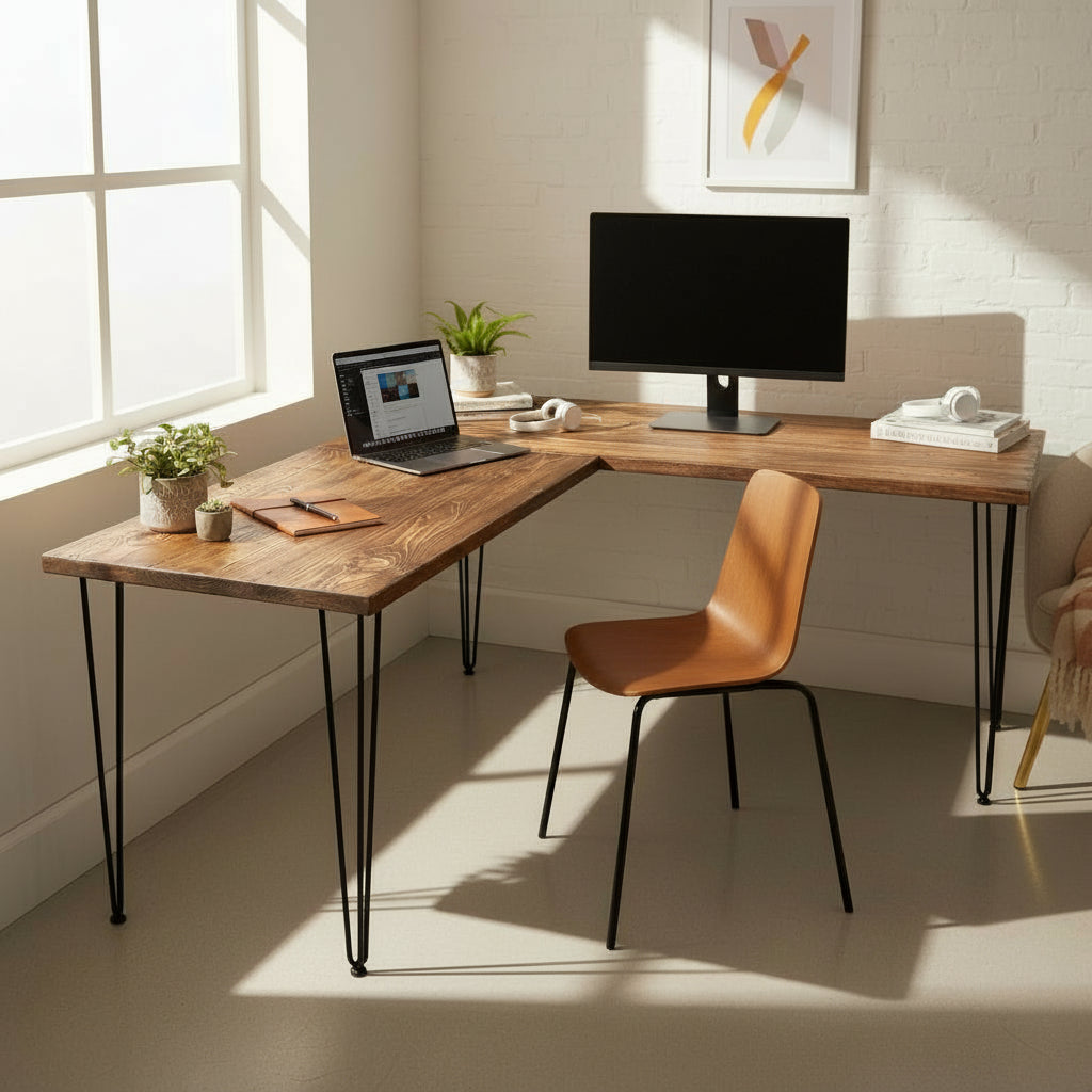 Reclaimed Wood Corner Desk – Handmade L-Shaped Home Office Desk with Hairpin Legs