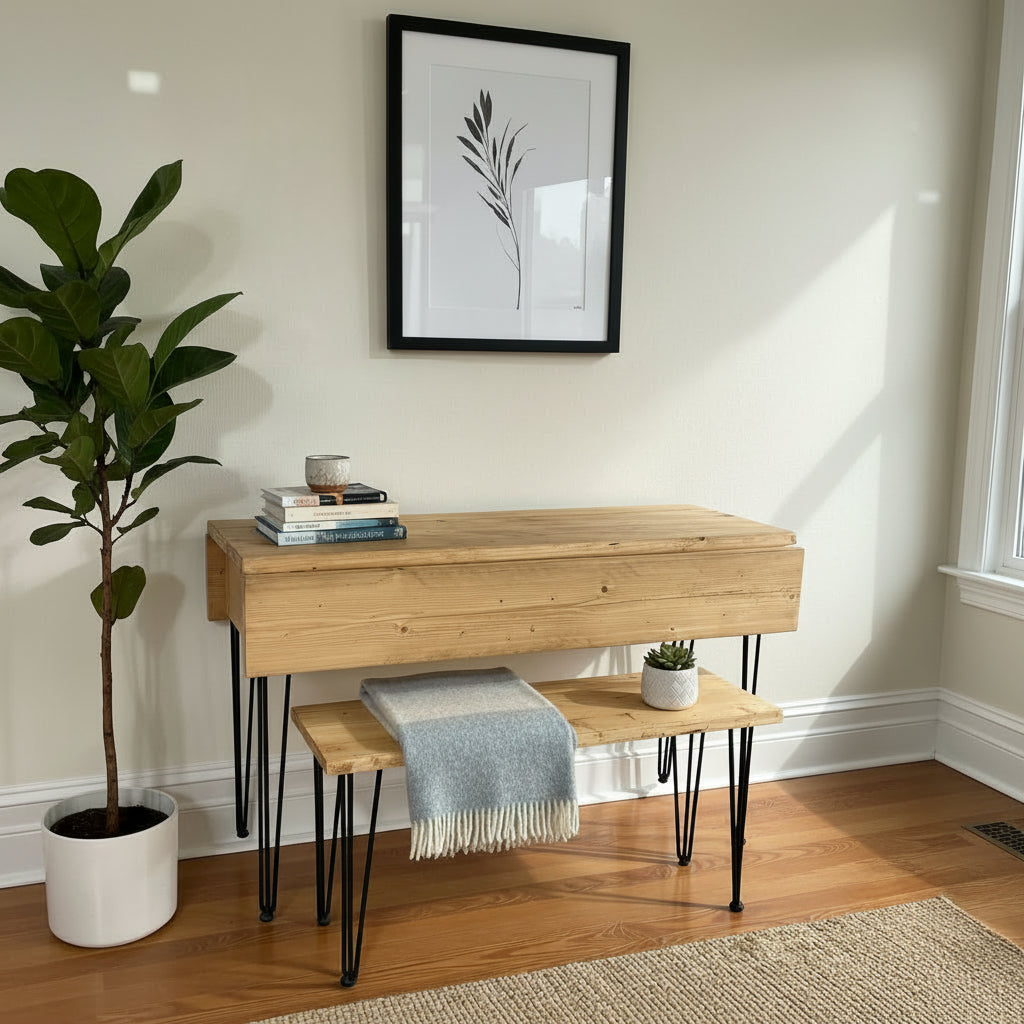 Handmade to Order Reclaimed Wood Drop Leaf Dining Table with Hairpin Legs