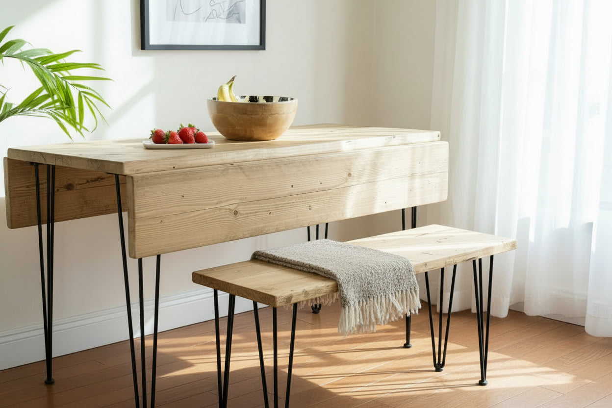 Handmade to Order Reclaimed Wood Drop Leaf Dining Table with Hairpin Legs