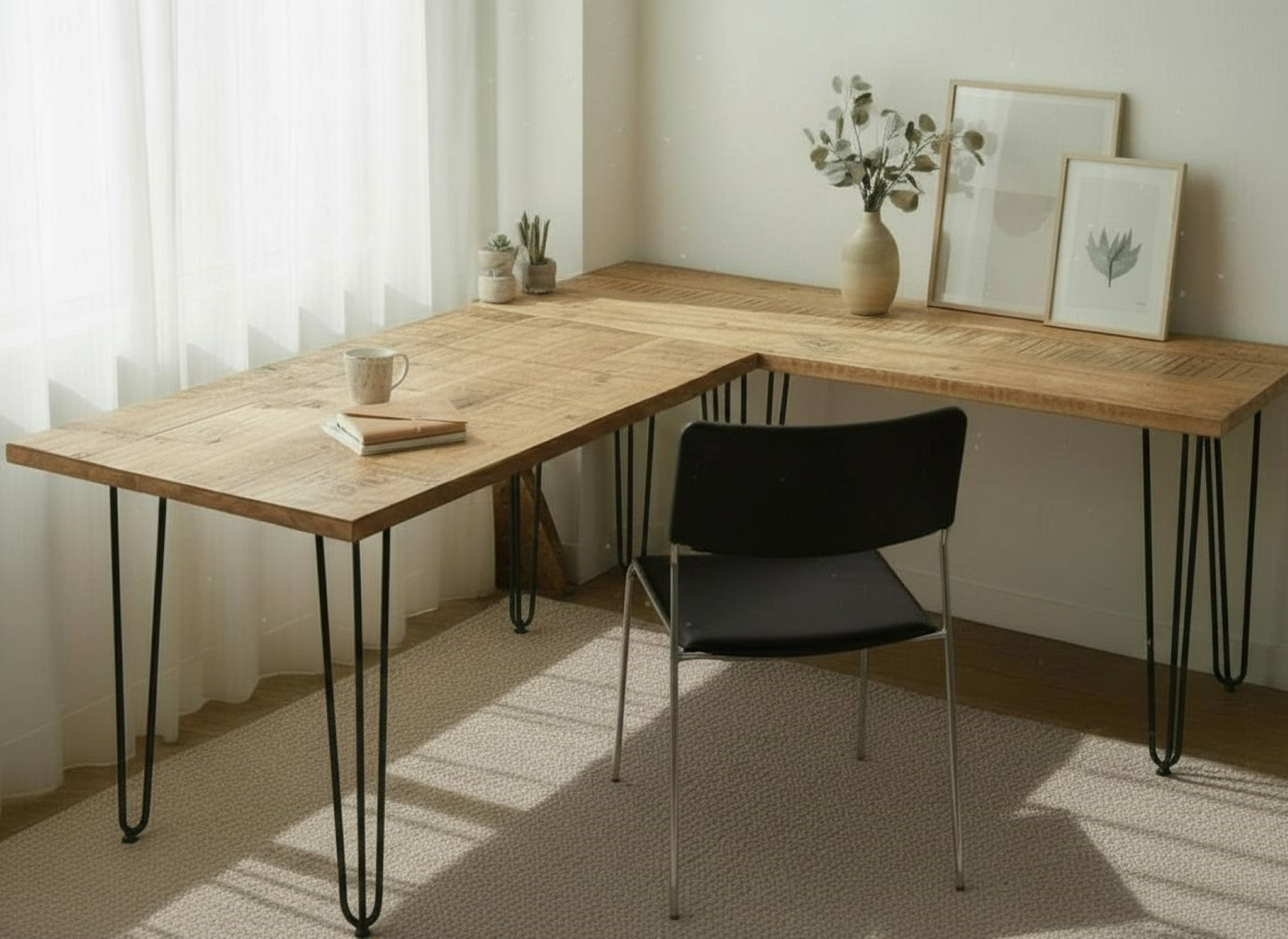 Reclaimed Wood Corner Desk – Handmade L-Shaped Home Office Desk with Hairpin Legs