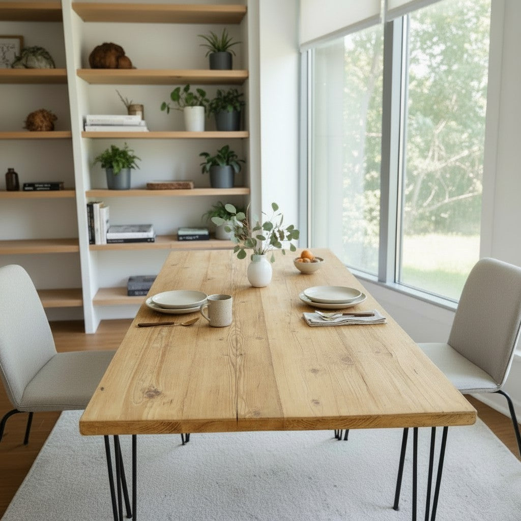 Dining room with wooden table, chairs, and a bookshelf.