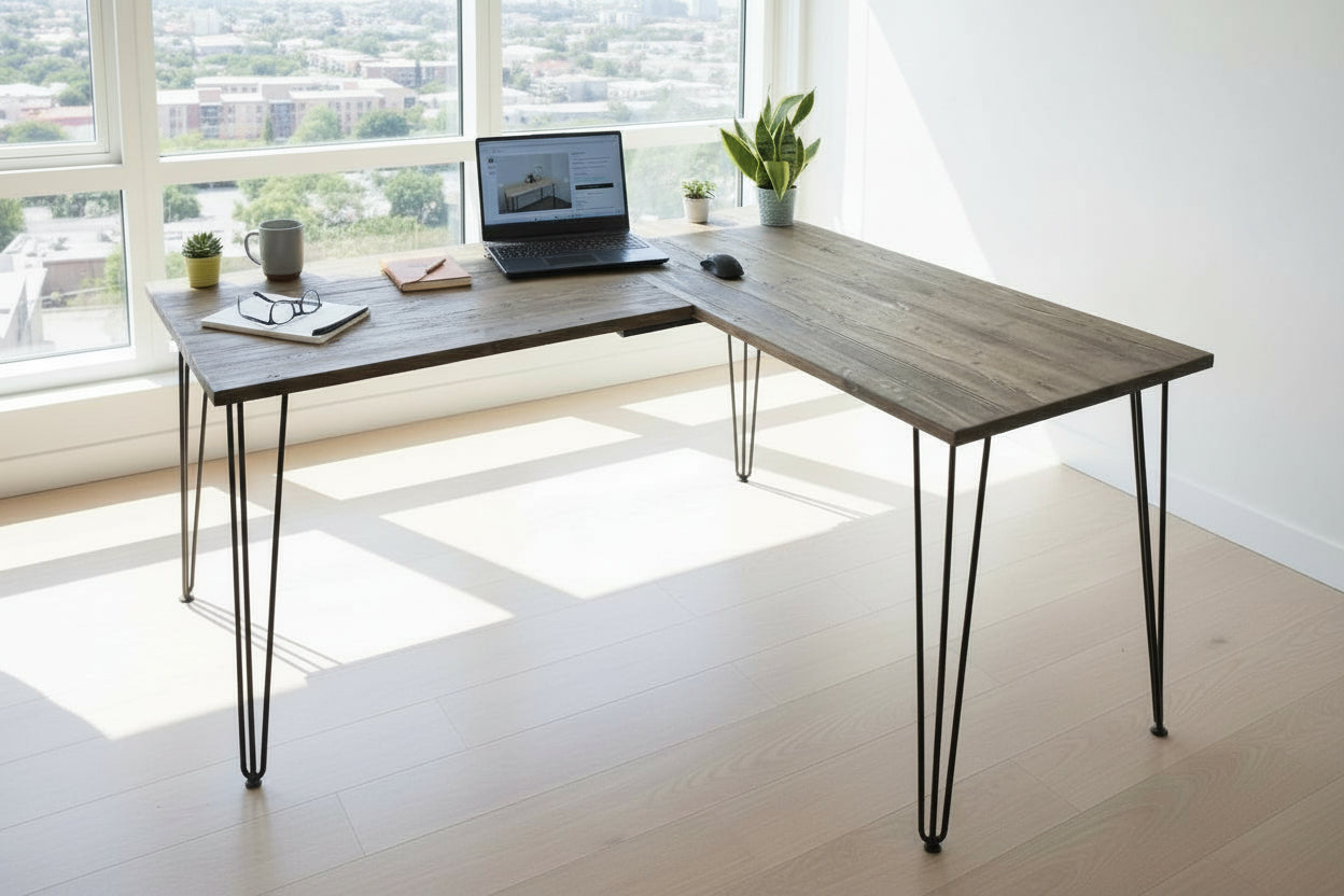 Reclaimed Wood Corner Desk – Handmade L-Shaped Home Office Desk with Hairpin Legs