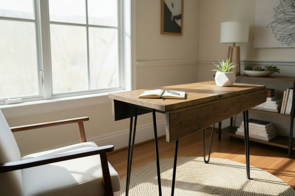 Handmade to Order Reclaimed Wood Drop Leaf Dining Table with Hairpin Legs
