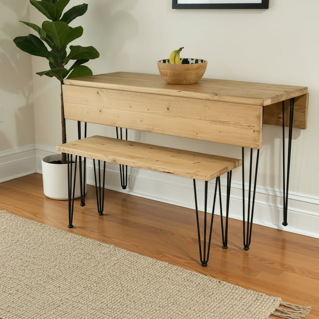 Handmade to Order Reclaimed Wood Drop Leaf Dining Table with Hairpin Legs